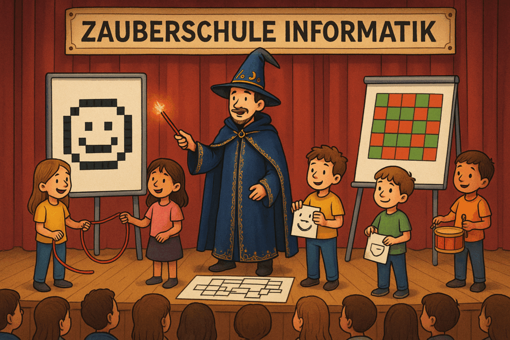 Auf einer Bühne steht ein Zauberer mit Umhang und Hut. Neben ihm stehen Kinder, die gerade einen Zaubertrick ausführen: Zwei halten ein Springseil, ein Kind verwandelt ein Pixel-Smiley in 0 und 1 ein trommelt einen Takt.
Rechts vom Zauberer steht ein Whiteboard mit grünen und roten Karten. Auf dem Boden der Bühne liegt eine Plane, auf der ein Sortiernetzwerk eingezeichnet ist. Über die Bühne hängt ein Banner mit der Aufschrift "Zauberschule Informatik".
Der Blick auf die Bühne erfolgt aus dem Publikum heraus, das aus Kindern und Eltern besteht.