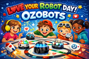 Kinder sitzen an einem Tisch und beobachten die Ozobots wie sie den Linien folgen.