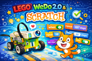 Comic-Stil: Ein Lego-Roboter fährt auf das Scratch-Maskottchen (eine Katze) zu. Im Hintergrund sind Scratch-Programmblöcke zu sehen